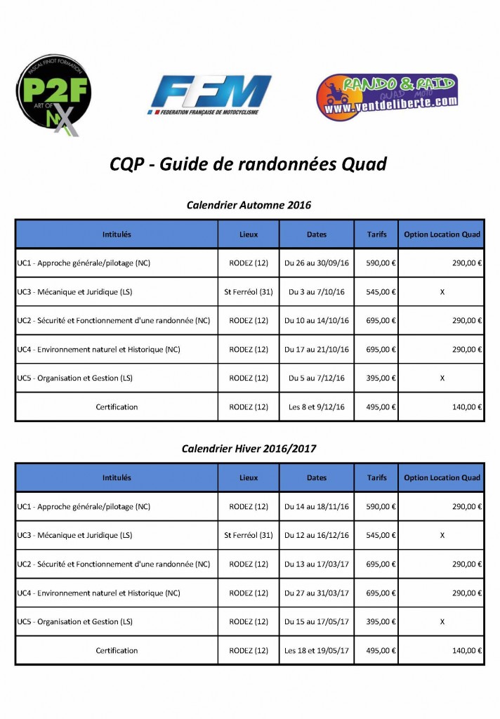Calendrier CQP Quad