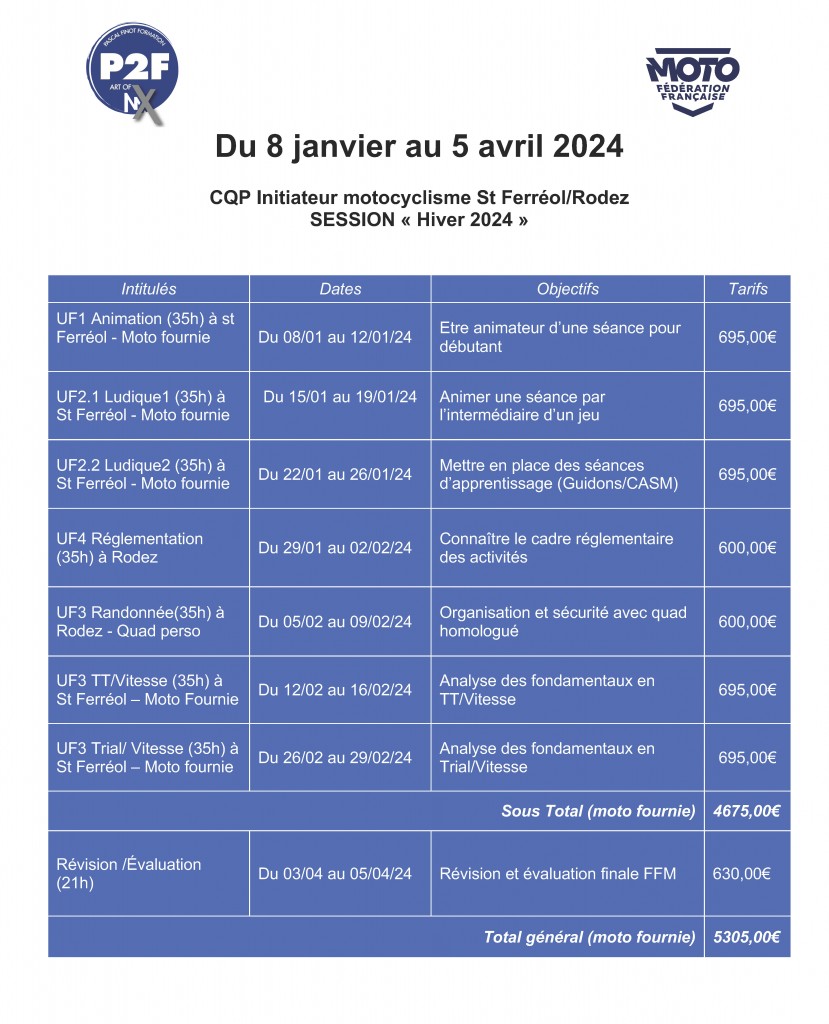 Calendrier CQP hiver Janvier 2024
