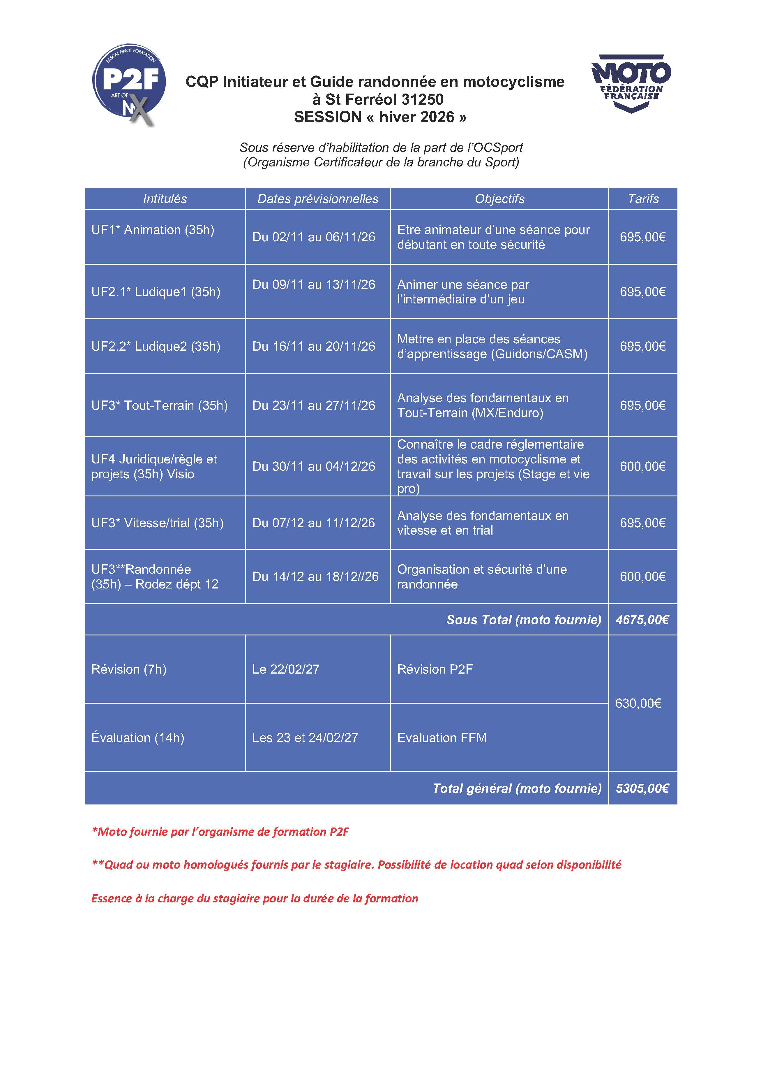 Calendrier CQP  novembre 2026