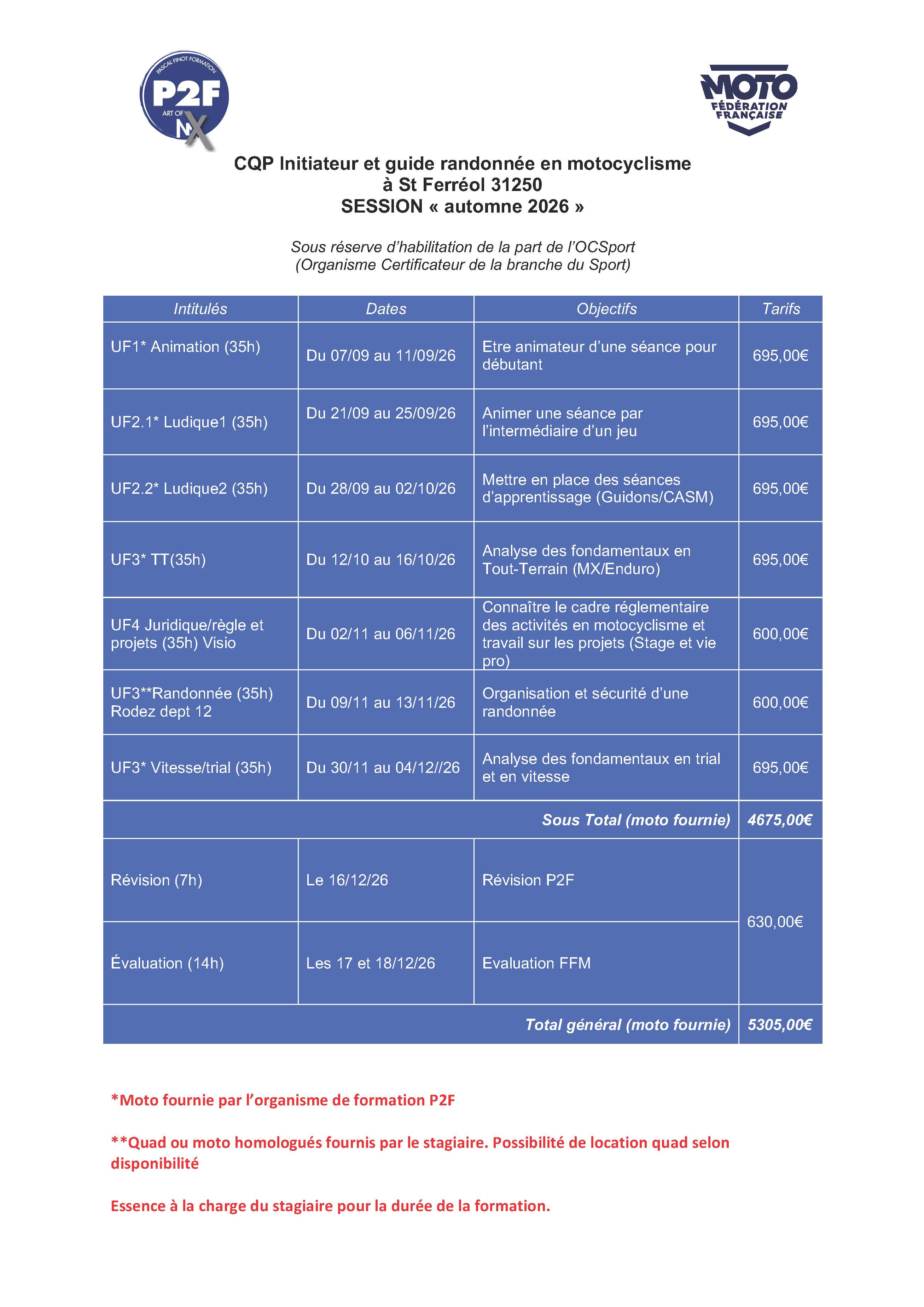 Calendrier CQP septembre 2026
